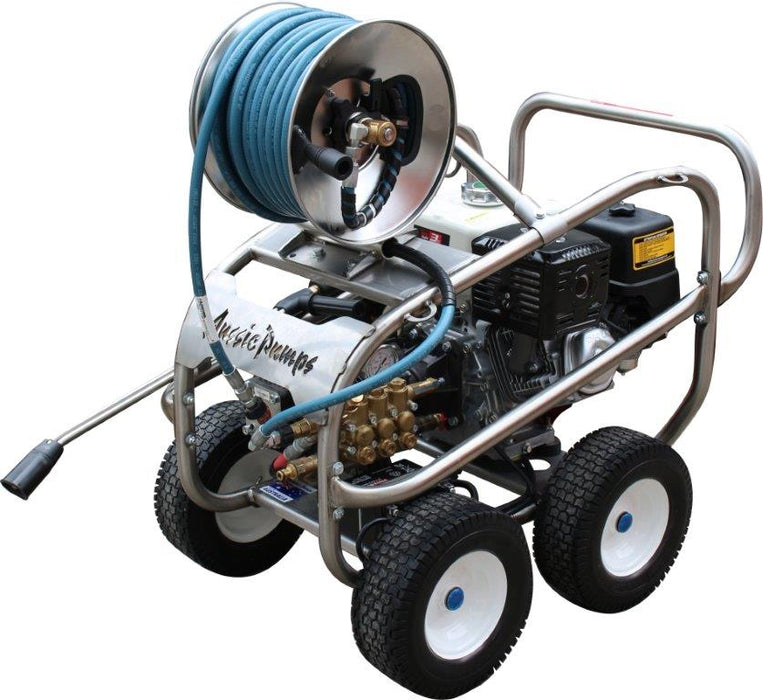 Aussie Pumps Scud 400 With Stainless Steel Hose Reel, Petrol Driven, Gearbox Driven Pressure Cleaner