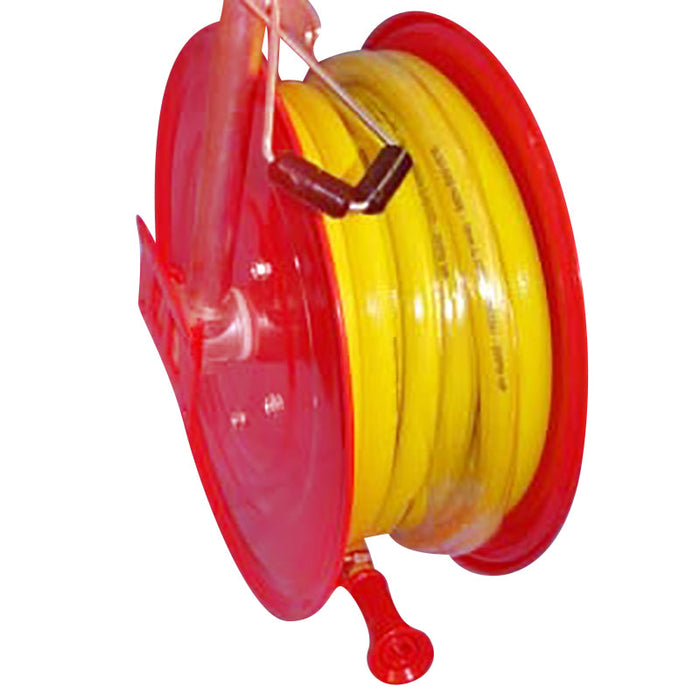 20MM X 30M RED POWDER COATED STEEL HOSEREEL, INC LIVE SWIVEL AND MOUNTING BRACKET. 25MM BSP MALE INLET AND PVC FIRE/ WATER HOSE AND NOZZLE
