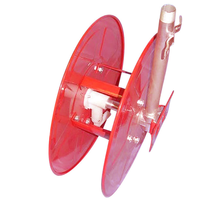20MM X 30MRED POWDER COATED STEEL HOSEREEL, INC LIVE SWIVEL AND MOUNTING BRACKET. 25MM BSP ALE INLET & BARB HOSETAIL OUTLET.