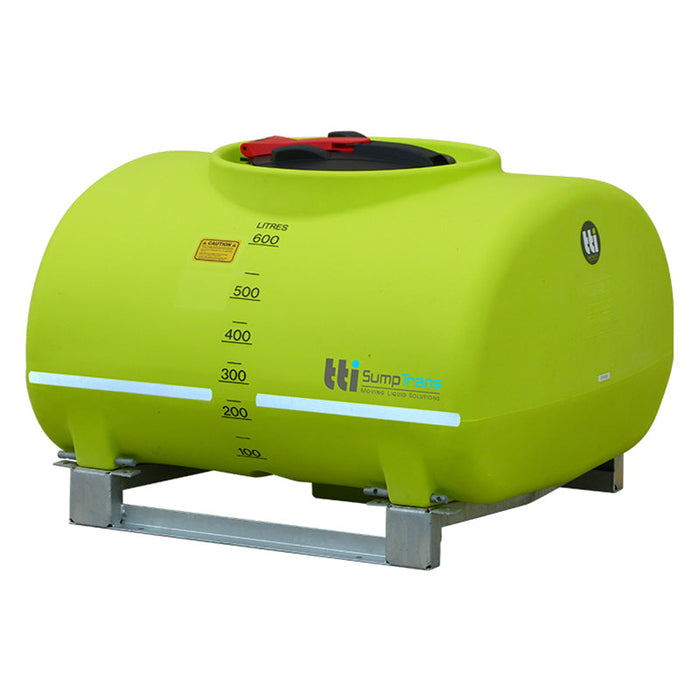 600 litre SUMPTRANS pin mount spray tank with steel frame - Safety Green. DIMENSIONS- L:1250mm, W:1070mm, H:790mm. WEIGHT: 50kg