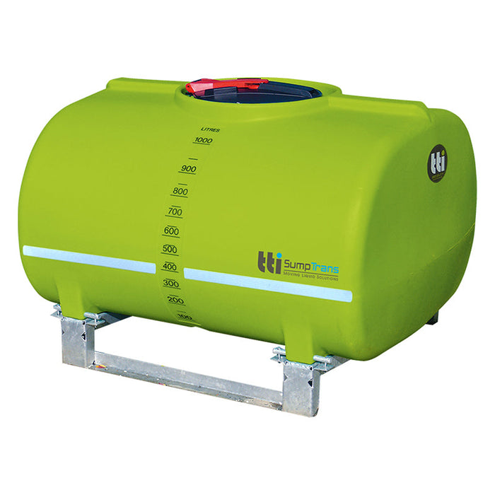 1000 litre SUMPTRANS pin mount spray tank with steel frame - Safety Green. DIMENSIONS- L:1430mm, W:1220mm, H:980mm. WEIGHT: 76kg