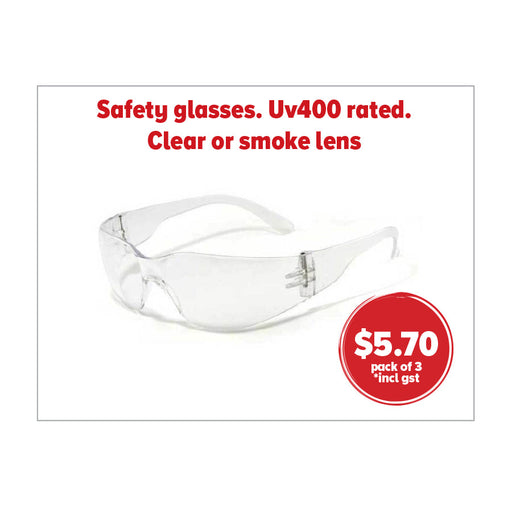 SAFETY GLASSES. CLEAR OR SMOKE POLYCARBONATE LENS WITH ANTI SCRATCH FINISH