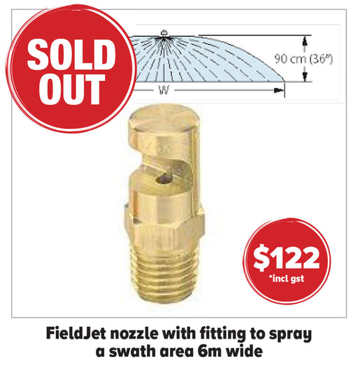 FieldJet nozzle with fitting to spray a swath area 6m wide