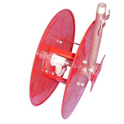 20MM X 30MRED POWDER COATED STEEL HOSEREEL, INC LIVE  SWIVEL AND MOUNTING BRACKET. 25MM BSP ALE INLET & BARB HOSETAIL OUTLET.