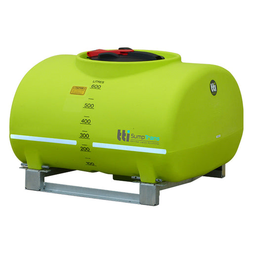600 litre SUMPTRANS pin mount spray tank with steel frame - Safety Green. DIMENSIONS-  L:1250mm, W:1070mm, H:790mm.  WEIGHT: 50kg