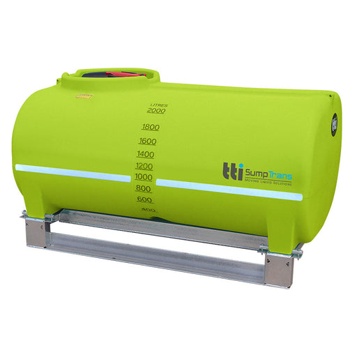 2000 litre SUMPTRANS pin mount spray tank with steel frame - Safety Green. DIMENSIONS-  L:2150mm, W:1410mm, H:1180mm.  WEIGHT: 149kg