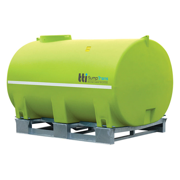 10000 litre SUMPTRANS pin mount spray tank with steel frame - Safety Green. DIMENSIONS-  L:3480mm, W:2250mm, H:2100mm.  WEIGHT: 750kg